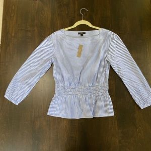 J Crew Blue and White Cinched Waist Top